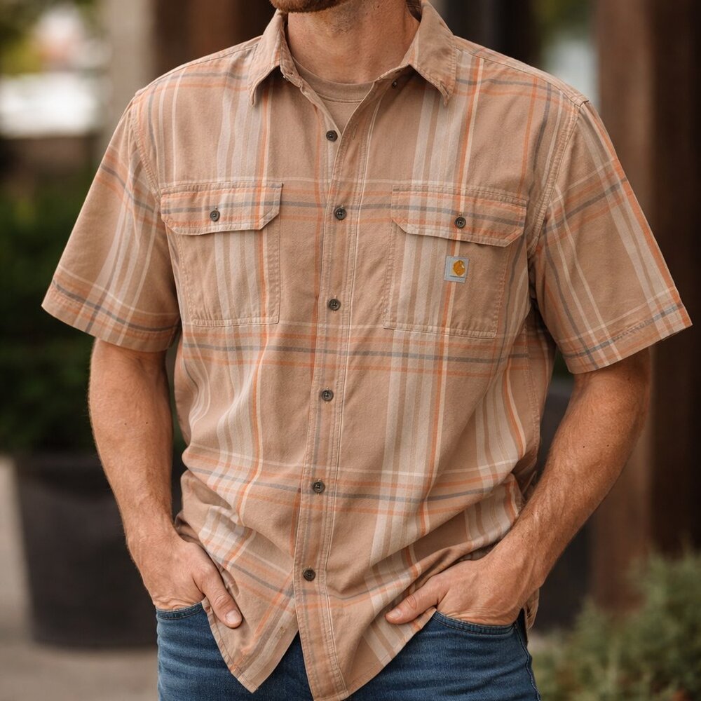Carhartt Plaid Button Down Shirt XL Tan Orange Short Sleeve Workwear Utility